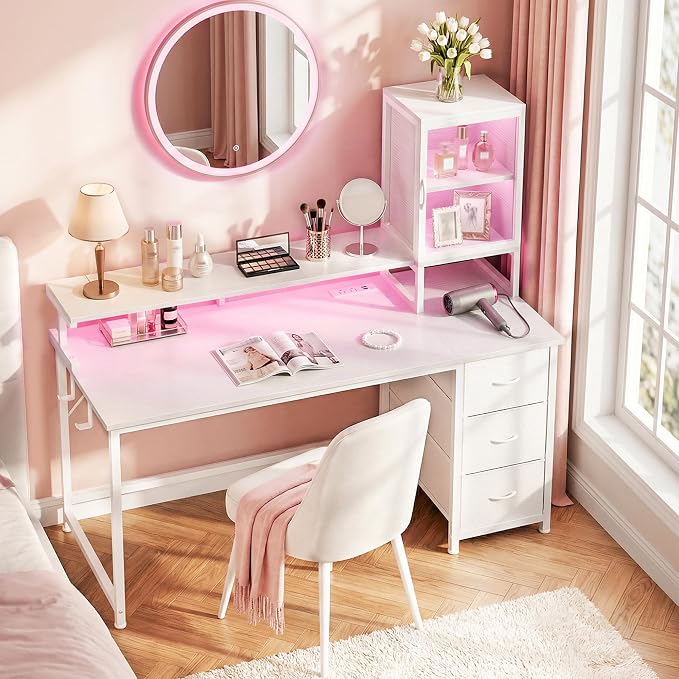 DurayLoly 55" White Computer Desk with 2 Acrylic Cabinet & 3 Fabric Drawers | Integrates Ample Storage & Display, Great Fit for Small Spaces, Outlets Suitable for Studying, Working & Gaming Equipments