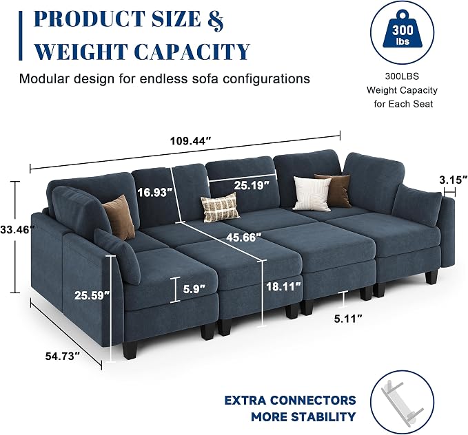 Sectional Sleeper Sofa, 8 Seaters Modular Sleeper Sofa Couch, Comfy Sectionals Couches Bed, Convertible Sofas with Ottomans, Modular Sectional Couches for Living Room, Blue