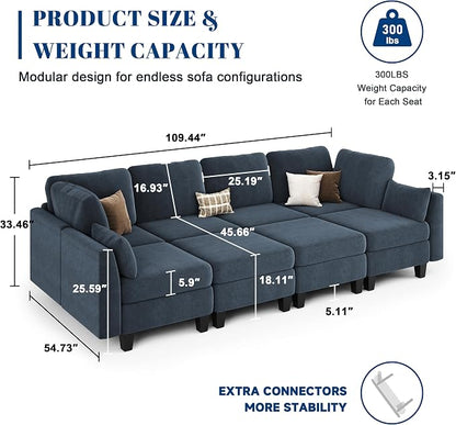 Sectional Sleeper Sofa, 8 Seaters Modular Sleeper Sofa Couch, Comfy Sectionals Couches Bed, Convertible Sofas with Ottomans, Modular Sectional Couches for Living Room, Blue