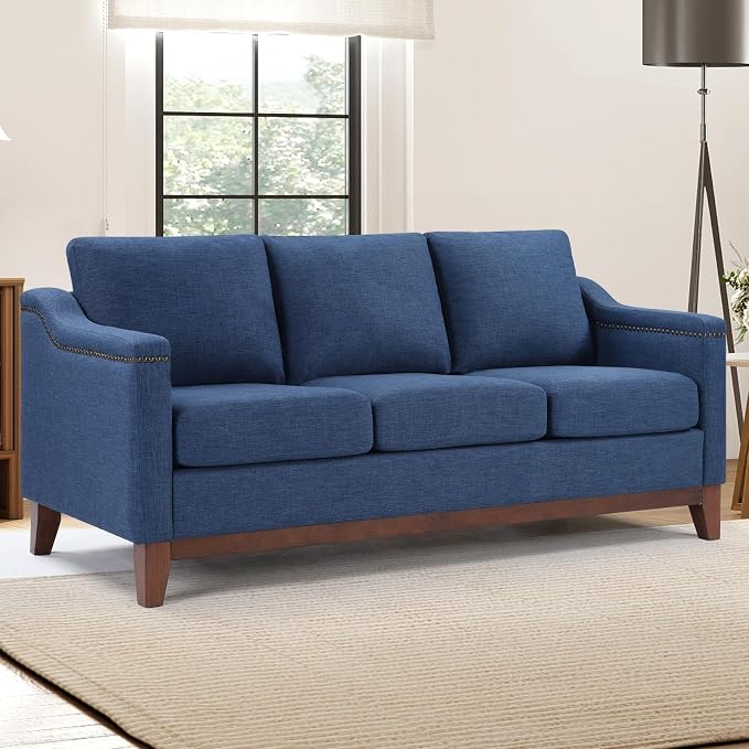 HAOMARKETS Classic 3-Seater Sofa with Nailhead Trim, High-Density Foam Cushions & Sturdy Solid Wood Legs, Soft Fabric Couch for Living Room, Blue