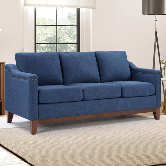 HAOMARKETS Classic 3-Seater Sofa with Nailhead Trim, High-Density Foam Cushions & Sturdy Solid Wood Legs, Soft Fabric Couch for Living Room, Blue