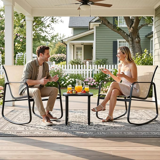 DWVO 3 Piece Patio Furniture Set, Durable Textilene Patio Set with Rocking Chairs Set of 2 & Tempered Glass Table for Garden, Balcony & Poolside, Brown