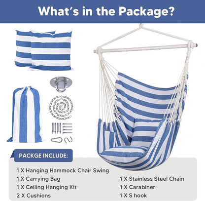 SUNCREAT Hammock Chairs Hammock Chair Swing with Steel Support Bar, Side Pocket, Large Swing Chair for Bedroom, Patio, Garden, Blue & White