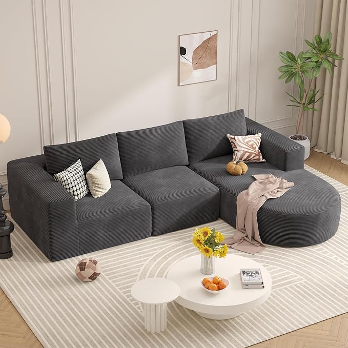 L-Shaped Boneless Couch,104" Couches for Living Room with Curved Chaise,Modular Sectional Sofa with Deep Seat,Modern Cozy Cloud Compression Sofas,No Assembly Required(Gray) 1PCS