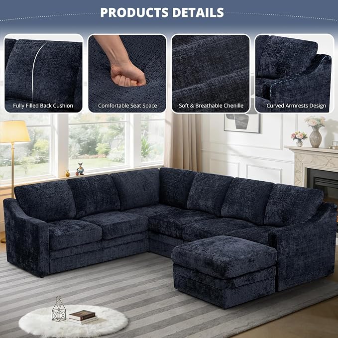 115 Inches Chenille Sectional Sofa with Storage Ottoman, Modern 7 Seats Corner Couch with Deep Seat, Comfy Modular U Shaped Couch with Comfortable Cushions for Living Room, Blue
