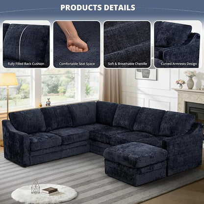 115 Inches Chenille Sectional Sofa with Storage Ottoman, Modern 7 Seats Corner Couch with Deep Seat, Comfy Modular U Shaped Couch with Comfortable Cushions for Living Room, Blue
