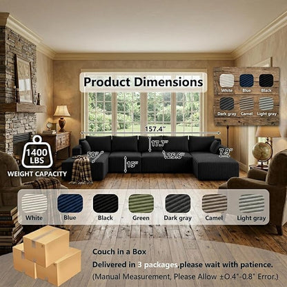 Flexible Combination Cloud Sectional Boneless Couches with Double Chaise,157" Oversized U Shaped Modular Sofa No Assembly Required Foam-Filled Deep Seat Sofa & Couch for Living Room,Apartment