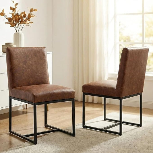 VESCASA Faux Leather Upholstered Dining Chairs with Black Metal Frame, Mid Century Modern Padded Kitchen Chair with Adjustable Foot Pads for Restaurant, Dining Room, Set of 2, Brown