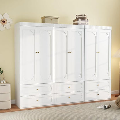Wooden Wardrobe Closet with Doors: 75" Tall White Armoire Wardrobe Closet with 6 Drawers and 6 Doors, Modern Clothes Cabinets for Bedroom Armoires with Hanging Rod (6-Drawers, 94.5")
