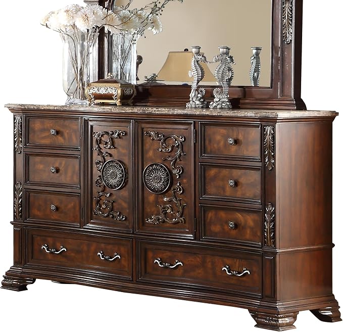 First of a Kind Santa Monica Traditional 4 Piece Queen Bedroom Set with Upholstered Tufted Headboard Elegant Classic Design Coordinated Furniture Collection, Cherry