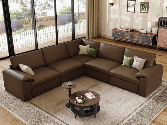 EASE MOOSE Oversized Corner Modular Sectional Sofa, Faux Leather Sectional Sofa with Deep Seat, Vintage Scratch Resistant Faux Leather Material, Extra Large L Shaped Couch,Deep Brown