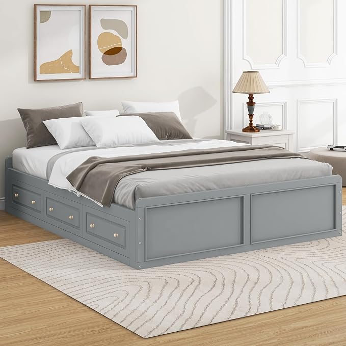 Merax Wood Queen Size Platform Bed Frame with 6 Drawers, Storage Bed Frame Without Headboard for Kids Teens and Adults, Gray