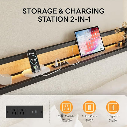 LIKIMIO King Size Bed Frame, Storage Headboard with LED Lights and Charging Station, Metal Platform Bed No Box Spring Needed, Noise Free, Under Bed Storage, Natural and Cream