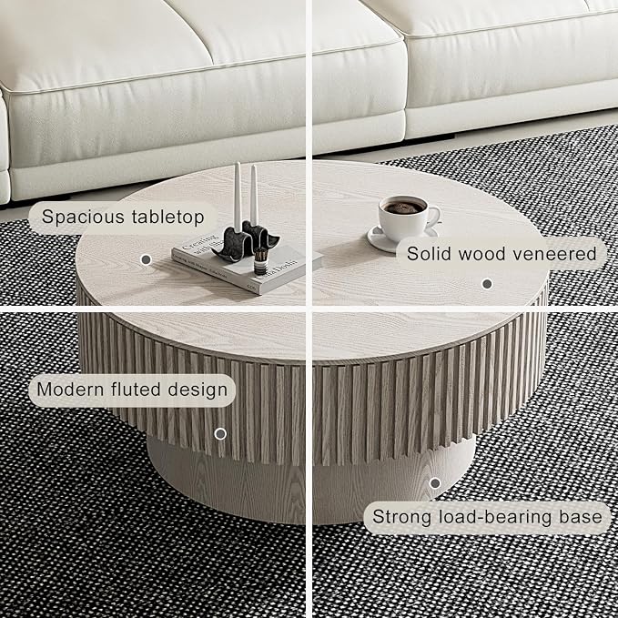 Round Coffee Table with Storage, Modern Wooden Coffee Table with Solid Wood Veneered, Circle Center Table Accent Tea Table for Living Room Small Space (31.5''L × 31.5''W × 14''H, Retro White)