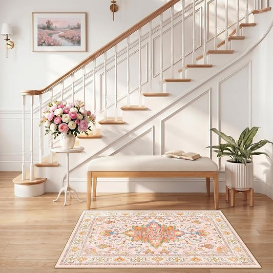 RELEANY Area Rugs Small 2'6"x4' Washable Non-Slip, Floral Vintage Distress Medallion Carpet for Kitchen Entryway Bathroom, Light Pink Colorful