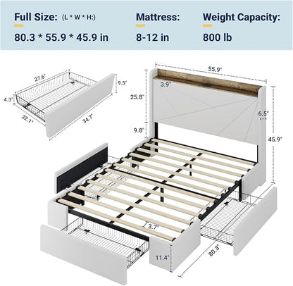 Allewie Full Size Velvet Bed Frame with 3 Storage Drawers, Upholstered Platform Bed with Wingback Storage Headboard and USB Ports, No Box Spring Needed, Easy Assembly, White