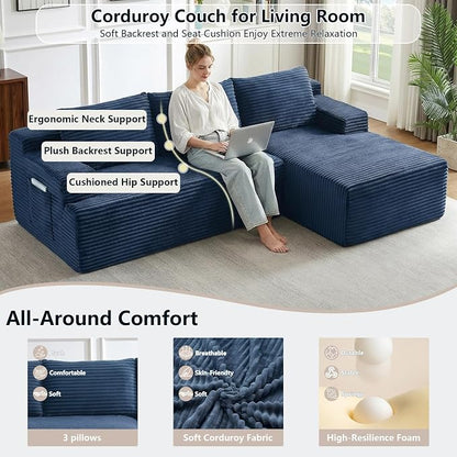 96" Cloud Sectional Couch with L-Shape Chaise, Modular Comfy Sofa Chaise Longue, Upholstered Corduroy Couches Sleeper with Deep Seat for Living Room Bedroom, No Assembly Required(Blue, Right Facing)