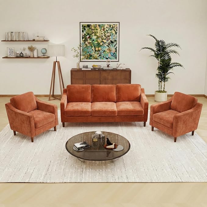 Kingfun Couch Sets for Living Room, 3 Seater Couch and Armchair, Mid Century Modern Sofa Set, Chenille Couch with Solid Wood Frame for Bedroom