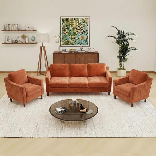 Kingfun Couch Sets for Living Room, 3 Seater Couch and Armchair, Mid Century Modern Sofa Set, Chenille Couch with Solid Wood Frame for Bedroom