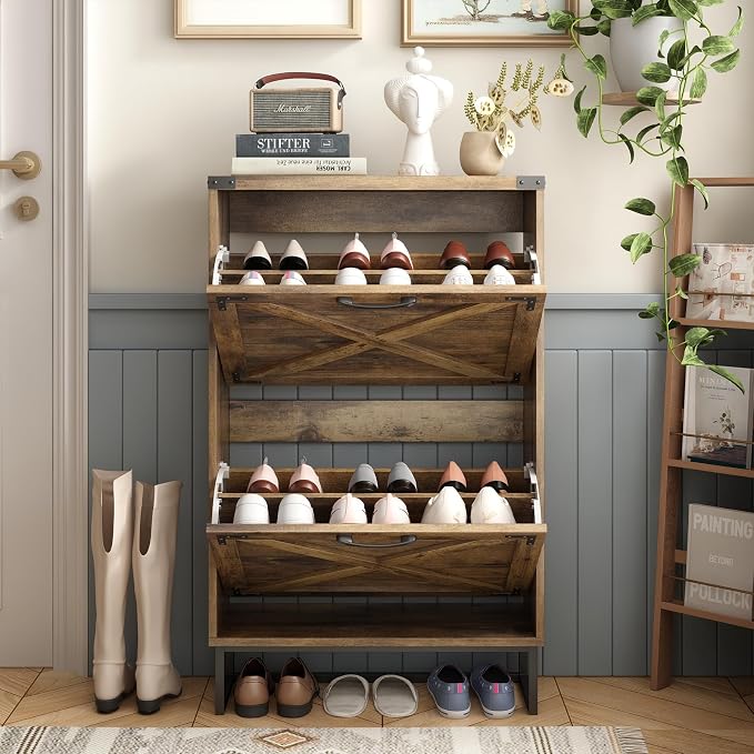 Maupvit 24" W Farmhouse Shoe Cabinet Storage for Entryway, Freestanding Organizer with 2 Flip Drawers, Narrow Shoe Rack Cabinet with Metal Corner Decoration, Rustic Brown