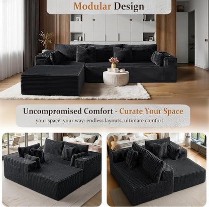108" Oversized Cloud Sectional Couch, Comfort L Shaped Boneless Couch for Living Room, Extra Deep Seats No Assembly, Modular Sofa, Corduroy (Black, 2 Seater+Right Facing Chaise)