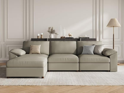 EASE MOOSE Leather Sectional Couch, Oversized Modular Sectional Sofas, Wide Deep Seat Modular Couch, Scratch Resistant Faux Leather Material, L Shaped Sofa for Big Spaces，Light Grey