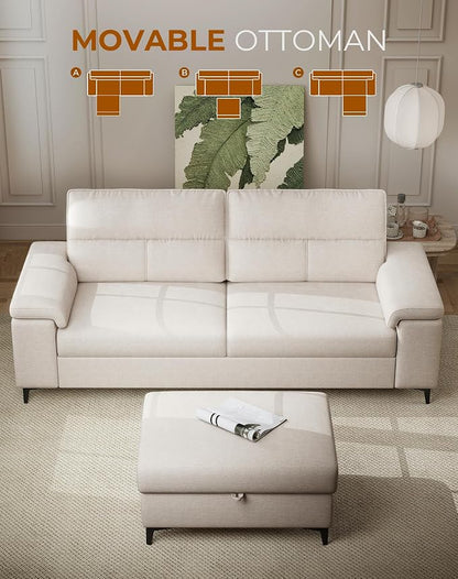 88.97" L Shaped Sectional Couches for Living Room, Deep Seat Sofa with Big Storage Ottoman & 8”Cushion, Comfy 2-Seater Chenille Loveseat, Convertible Armrest, Removable Cover for Small Space(Beige)