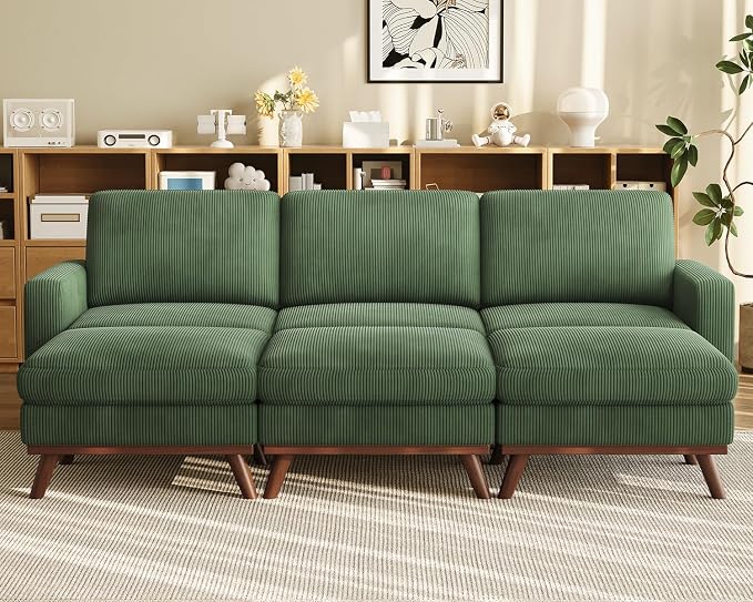Vesgantti 97" Modular Sectional Sofa Green, Sectional Couch with Movable Ottoman, Comfy Corduroy Couch with Spring Cushion, Modular Sofa with Deep Seat for Living Room, Bedroom and Apartment