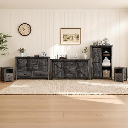 AMERLIFE 5-Piece Farmhouse Bedroom Furniture Set, Dresser & Nightstand Set of 2 with Storage Cabinet & Sideboard, Sliding Barn Door Wood Bedroom Set for Bedroom/Living Room, Black Oak