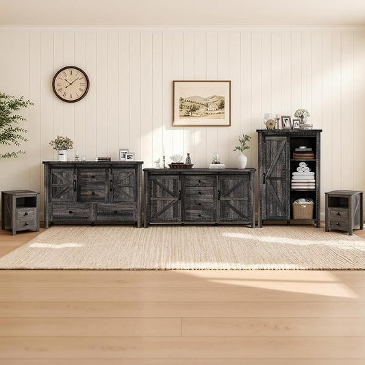 AMERLIFE 5-Piece Farmhouse Bedroom Furniture Set, Dresser & Nightstand Set of 2 with Storage Cabinet & Sideboard, Sliding Barn Door Wood Bedroom Set for Bedroom/Living Room, Black Oak