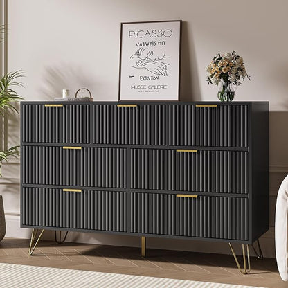MAISONARIA Black Dresser for Bedroom, 7 Drawer Dresser with Gold Pulls, Wide Chest of Drawers for Bedroom, Entryway, 47.2" L x 15.7" D x 31.4" H