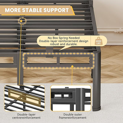 14 Inch King Size Bed Frame Heavy Duty, Metal Double Layer Steel 4000 lbs Capacity, Platform with Large Under Bed Storage Space, No Box Spring Needed, Noise-Free, Easy Assembly