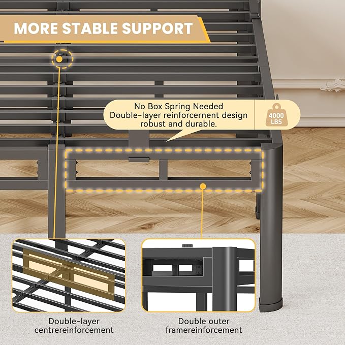 18 Inch Queen Bed Frame Heavy Duty, Metal Double Layer Steel 4000 lbs Capacity, Platform with Large Under Bed Storage Space, No Box Spring Needed, Noise-Free, Easy Assembly