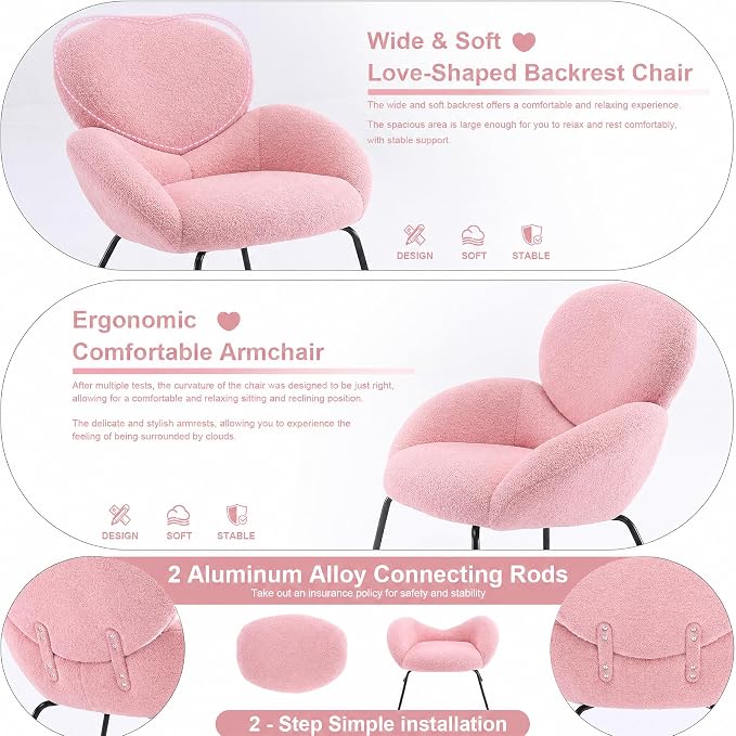 Small Accent Chair Set of 2,Sherpa Chair with Love Back, Boucle Chairs with Metal Legs, Comfy Modern Reading Chairs/Sherpa Accent Chair with Thick High-Elastic Sponge/Cream Style Room (Pink)