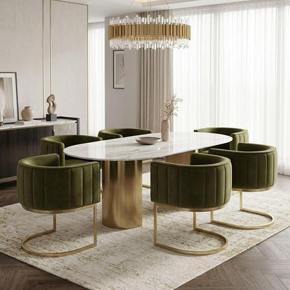 Hyfirm Olive Green and Gold Modern Barrel Dining Room Chairs Set of 6, Velvet Upholstered Accent Chairs with Curved Back for Kitchen Island, Luxury Comfort Seating Cantilever Metal Frame