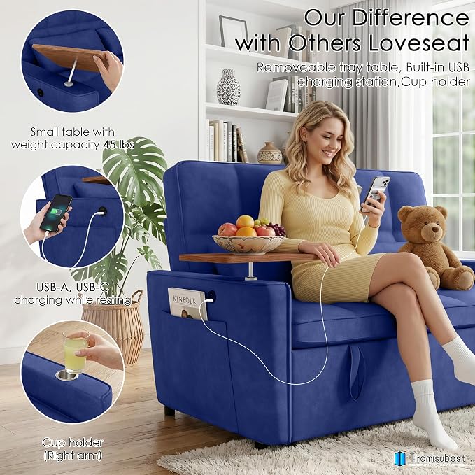 54'' Sleeper Sofa Bed, Convertible Pull Out Couch Futon for for Living Room,Apartment (Blue) Side Desk, USB Ports, Cup Hold, Velvet Fabric, Adjustable Backrest, Easy Assembly