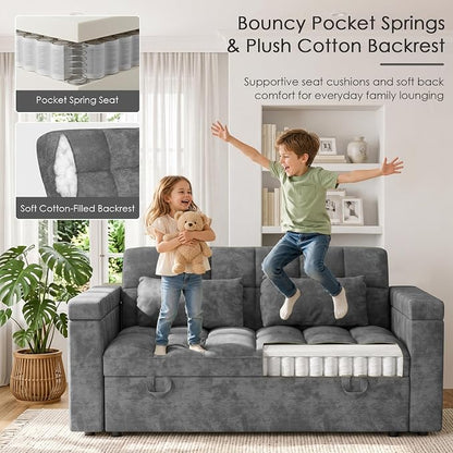 65'' Sleeper Sofa Bed, Pull Out Couch with Side Table | USB Charging Port | Adjustable Backrest | Chenille Fabric, Convertible Loveseat for Living Room, Apartment, Small Spaces (DeepGray)
