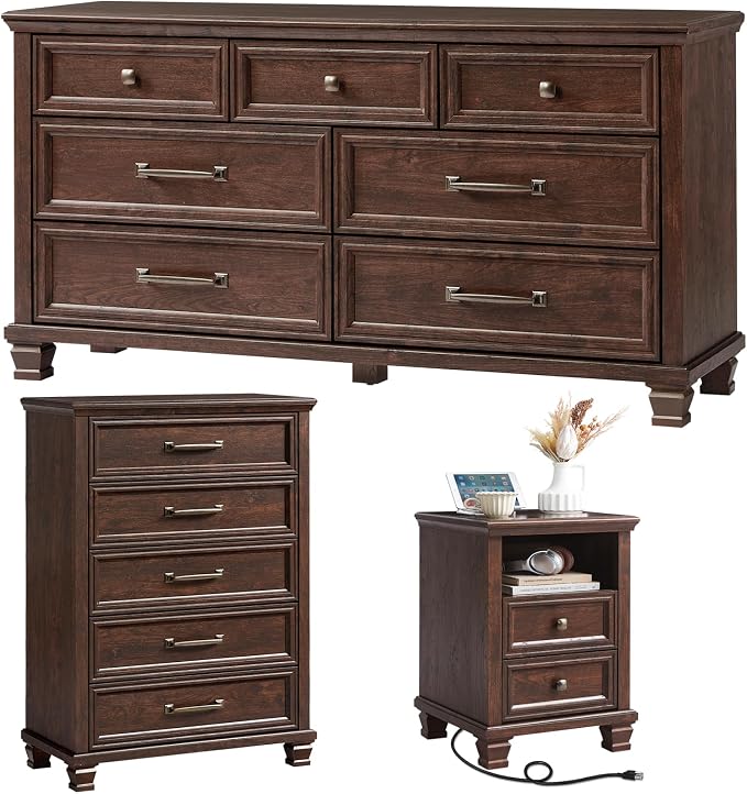 SAVOR LIFE Farmhouse Dresser and Nightstand Sets 3 Piece, 5/7 Drawer Dresser & 2 Drawer Nightstand Set, Rustic Wood Bedroom Furniture Set for Home, Bedroom, Hallway, Walnut
