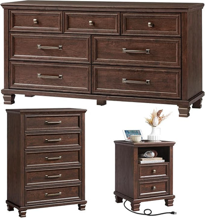 SAVOR LIFE Farmhouse Dresser and Nightstand Sets 3 Piece, 5/7 Drawer Dresser & 2 Drawer Nightstand Set, Rustic Wood Bedroom Furniture Set for Home, Bedroom, Hallway, Walnut