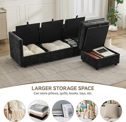 80" Cloud 3 Seater Sectional Modular Couch with Storage Ottoman, Upholstered Storage Sofa Modern Couch Deep Seat, Chenille L Shape Sofa Comfy Couches with Armrests for Living Room, Small Space, Black