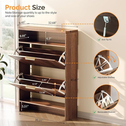 VINGLI Walnut Slim Shoe Cabinet for Entryway, Curved Hidden Shoe Storage Cabinet with 2 Flip Drawers & Open Shelf, Modern Narrow Shoe Organizer with Fluted Panel & Anti-Tip Kit, 32.7" W, Dark Wood