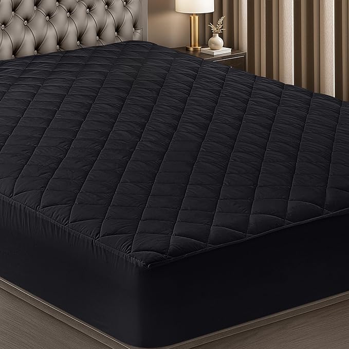 Quilted Fitted Mattress Pad, Queen Mattress Protector Topper with Deep Pocket Stretches up to 16 Inches, Machine Washable Mattress Cover by Utopia Bedding (Black)