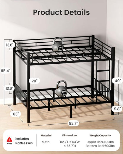Mixcous Queen Over Queen Bunk Bed, Heavy Duty Metal Queen Bunk Bed Frame with Full-Length Guardrails & EVA Anti-Slip Ladder for Adults, Noise-Free, No Box Spring Needed, Black