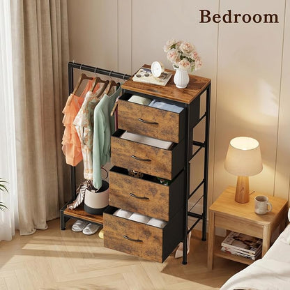 HIGDBFE Tall Dresser 44''H with Hanging Rack, 4 Drawers Small Closet Dresser for Bedroom, Reversible Fabric Chest of Drawers with Clothes Rack, Tall Storage Tower, Sturdy Frame, Rustic Brown