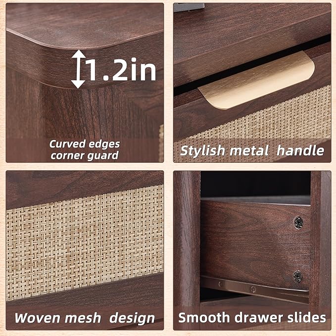 LEYAOYAO Rattan Night Stand with Drawers, 23" Large 3 Drawer Boho Nightstand, Walnut Bedside Table Storage Cabinet, Bed Side End Tables Dresser for Bedroom, Living Room, Hallway, Closet