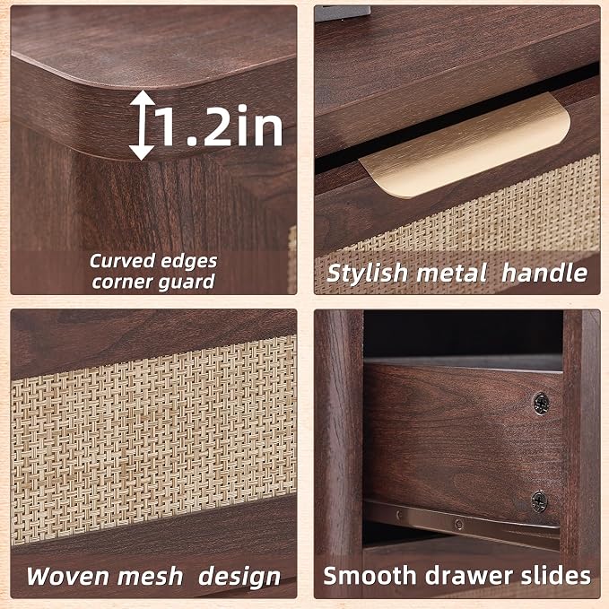 LEYAOYAO Rattan Night Stand Set of 2 with Drawers, 23" Large 3 Drawer Boho Nightstand, Walnut Bedside Table Storage Cabinet, Bed Side End Tables Dresser for Bedroom, Living Room, Hallway, Closet