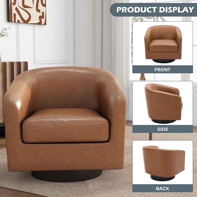 PU Leather Swivel Accent Chairs Set of 4, Barrel Club Chair Upholstered Armchair for Living Room - Brown