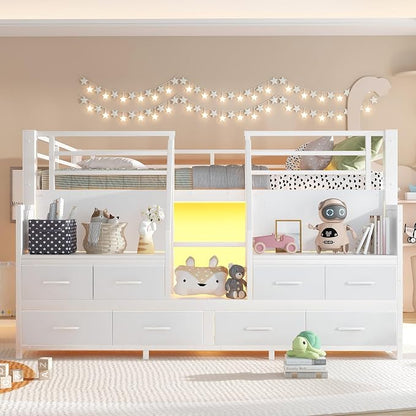 Bellemave Full Size Loft Bed with 8 Non-Woven Fabric Storage Drawers and Bookshelf, Low Loft Bed with Lights and Private Play Curtain, Full Loft Beds with High Rails, Noise Reduced White