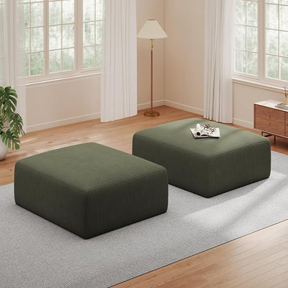 40" Oversized Large Square Corduroy Ottoman Pouf - Poofy Plush Foot Rest with Foam Chunk Filling, Movable Floor Pouf Footstool & Ottoman Coffee Table for Living Room Couch Bedroom, Green(2 Pieces)