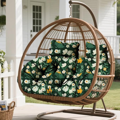 Double Egg Chair Cushion Replacement Waterproof for Outdoor Patio Hanging Basket Egg Chairs, 59x43-Inch Thickened 100% Cotton Large Double Eggs Swing Chair Cushions, Green Peony